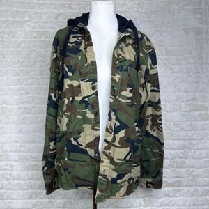 Forever 21 Men Camo Hooded Utility Shirt Jacket Button Down Long Sleeve Size S